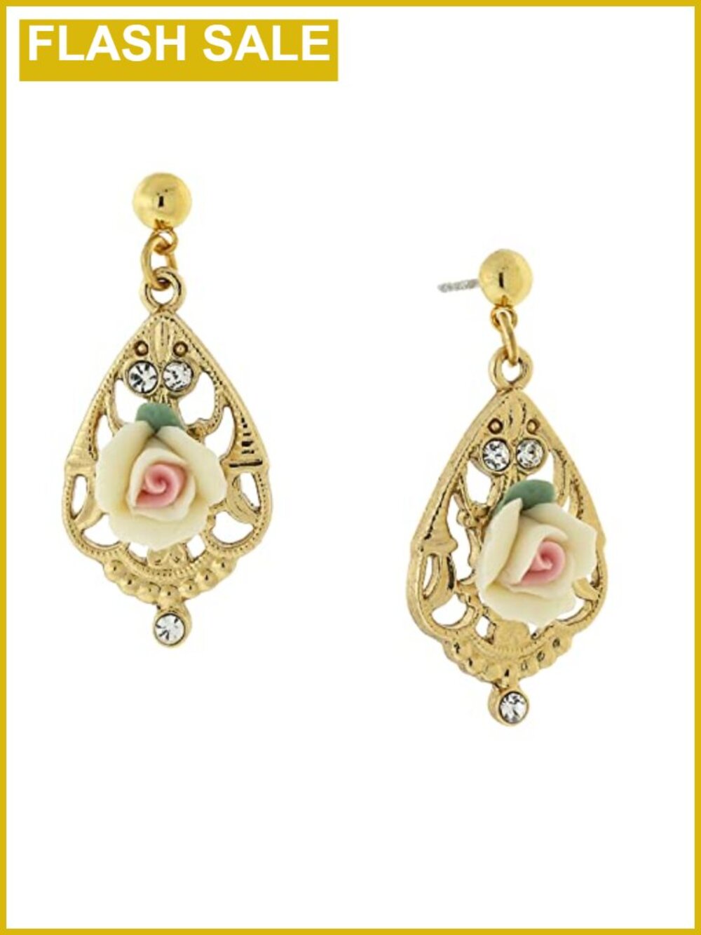 Gold-Tone Porcelain Rose Teardrop Filigree Crystal Accent Earrings